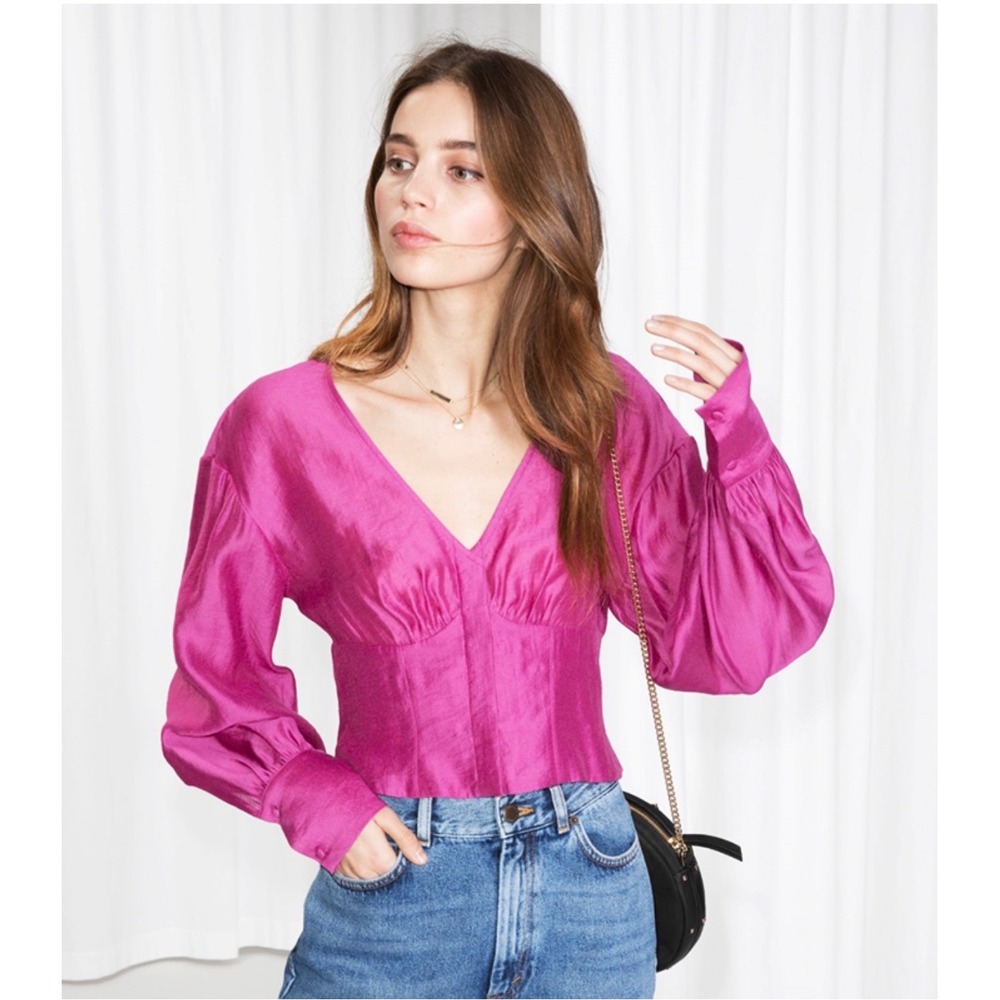 C10 & Other Stories Magenta Pink V-Neck Cropped Blouse Puff Sleeve US 4